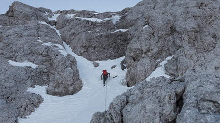 Agner, Dolomites, Martin Dejori,  Titus Prinoth - Martin Dejori and Titus Prinoth making the first repeat, and first winter ascent, of La storia infinita, the climb up up in 1990 up the NE Face of Agner (Dolomites) by the Czech brothers Miroslav Coubal and Michal Coubal