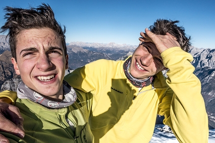 Agner, Dolomites, Martin Dejori,  Titus Prinoth - Martin Dejori and Titus Prinoth making the first repeat, and first winter ascent, of La storia infinita, the climb up up in 1990 up the NE Face of Agner (Dolomites) by the Czech brothers Miroslav Coubal and Michal Coubal