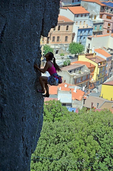 Ulassai, Sardinia, Altri Cieli - Anne Pham climbing on one of the routes dedicated to Maria Lai.