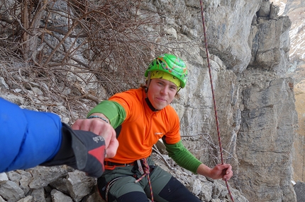 Tom Ballard, Tomorrow's World, Dolomites - British climber Tom Ballard after the first free ascent of A Line Above the Sky D15, Tomorrow's World, Dolomites