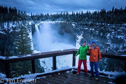 Helmcken Falls, Tim Emmett, Klemen Premrl, Interstellar Spice - Tim Emmett and Klemen Premrl celebrating after the first ascent of  Interstellar Spice at Helmcken Falls, Canada