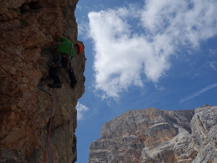 Punta del Pin, Prags Dolomites, Ulrich Viertler, Raffaele Sebastiani - Die Leiden des Jungen Werther (250m, VIII+/IX- , R3, III:EX, Ulrich Viertler, Raffaele Sebastiani summer 2015)