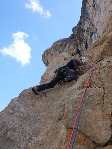 Punta del Pin, Prags Dolomites, Ulrich Viertler, Raffaele Sebastiani - Die Leiden des Jungen Werther (250m, VIII+/IX- , R3, III:EX, Ulrich Viertler, Raffaele Sebastiani summer 2015)