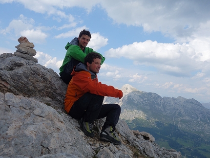 Punta del Pin, Dolomiti di Braies, Ulrich Viertler, Raffaele Sebastiani - Raffaele Sebastiani and Ulrich Viertler happy on the summit of Punta del Pin