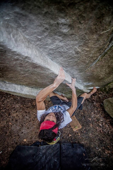 Charles Albert, bouldering, Fontainebleau, France - Charles Albert climbing barefoot at Fontainebleau in France