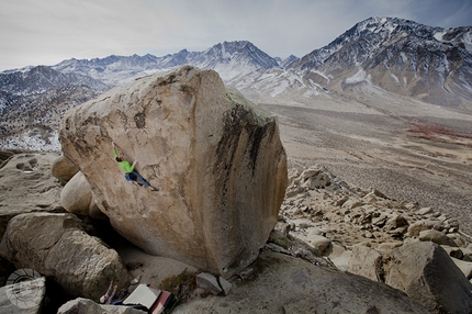 Buttermilks highball boulder problem Gnocchi climbed by Elliot Faber