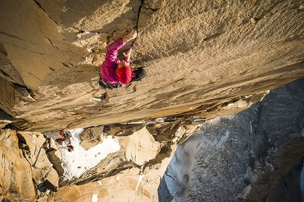 Riders on the Storm, Torres del Paine, Patagonia, Ines Papert, Mayan Smith-Gobat, Thomas Senf - Mayan Smith-Gobat climbing pitch 31 (7c+) of Riders on the Storm, Torres del Paine, Patagonia, established in 1991 by Kurt Albert, Bernd Arnold, Norbert Bätz, Peter Dittrich and Wolfgang Güllich