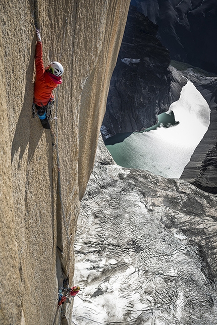 Riders on the Storm, Torres del Paine, Patagonia, Ines Papert, Mayan Smith-Gobat, Thomas Senf - Ines Papert climbing pitch 23 of the route Riders on the Storm in Torres del Paine, Patagonia