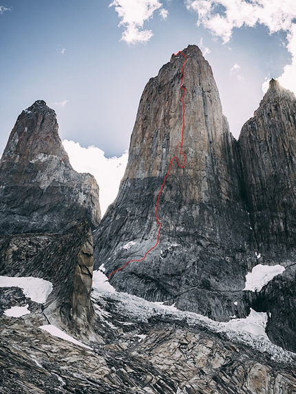 Riders on the Storm, Torres del Paine, Patagonia, Ines Papert, Mayan Smith-Gobat, Thomas Senf - Riders on the Storm, Torres del Paine, Patagonia, first climbed in 1991 by the Germans Norbert Bätz, Peter Dittrich, Bernd Arnold, Wolfgang Güllich and Kurt Albert, with the variant discovered in 2016 by Mayan Smith-Gobat and Ines Papert