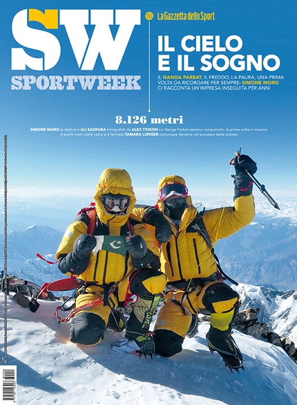 Nanga Parbat in winter, Simone Moro, Alex Txikon, Ali Sadpara, Tamara Lunger - Nanga Parbat in winter: the front cover of SportWeek, with Ali Sadpara and Simone Moro on the summit