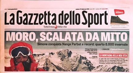 Nanga Parbat d'inverno, Simone Moro, Alex Txikon, Ali Sadpara, Tamara Lunger - Nanga Parbat d'inverno: la copertina di La Gazzetta dello Sport il giorno dopo la storica vetta