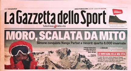 Nanga Parbat d'inverno, Simone Moro, Alex Txikon, Ali Sadpara, Tamara Lunger - Nanga Parbat d'inverno: la copertina di La Gazzetta dello Sport il giorno dopo la storica vetta