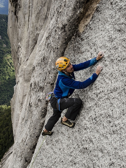 Cerro Trinidad Central, Cochamo valley, Patagonia, Chile, Josef Kristoffy, Martin Krasnansky, Vlado Linek - Martin Krasnansky climbs the 11th pitch, UIAA 9, during the first ascent of El Condor Pasa (8b, 700m), Cerro Trinidad Central, Cochamo valley, Patagonia, Chile.