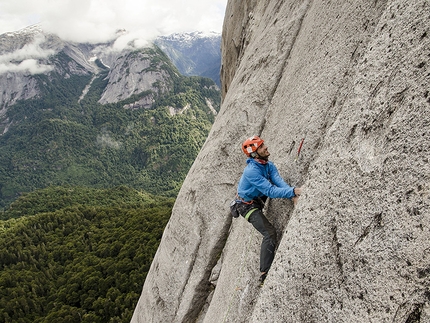 Cerro Trinidad Central, Cochamo valley, Patagonia, Chile, Josef Kristoffy, Martin Krasnansky, Vlado Linek - Jozef Kristoffy climbing the 10th pitch, UIAA9-, during the first ascent of El Condor Pasa (8b, 700m), Cerro Trinidad Central, Cochamo valley, Patagonia, Chile.