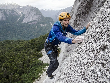 Cerro Trinidad Central, Cochamo valley, Patagonia, Chile, Josef Kristoffy, Martin Krasnansky, Vlado Linek - Martin Krasnansky climbing the 3rd pitch, UIAA 9+ of El Condor Pasa (8b, 700m), Cerro Trinidad Central, Cochamo valley, Patagonia, Chile.