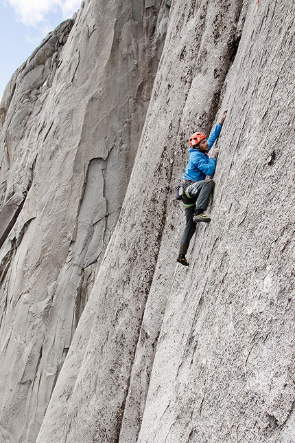 Cerro Trinidad Central, Cochamo valley, Patagonia, Chile, Josef Kristoffy, Martin Krasnansky, Vlado Linek - Jozef Kristoffy tackling the upper part of the hardest pitch (UIAA X) of El Condor Pasa (8b, 700m), Cerro Trinidad Central, Cochamo valley, Patagonia, Chile.