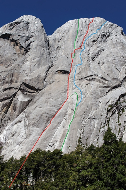 Cerro Trinidad Central, Cochamo valley, Patagonia, Chile, Josef Kristoffy, Martin Krasnansky, Vlado Linek - Cerro Trinidad Central, Cochamo valley, Patagonia, Chile. RED: El Condor Pasa (8b, 700m, Vlado Linek, Martin Krasnansky, Josef Kristoffy 2016). GREEN: Tabanos na Cara (5.10c (6a+) A3+ Sergio Tartari, José Luis Hartman, 2000) BLUE Nunca mas Marisco (7c, Angelo Forcignano, Ismaele Fosti, Christian Gianatti, Lorenzo Lanfranchi, Giovanni Ongaro, Simone Pedeferri, 2005).