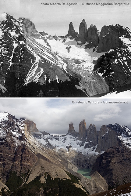 On The Trail of the Glaciers - Andes 2016, Patagonia - Torres del Paine National Park, Patagonia: the historic photograph taken by Alberto De Agostini and the recent one shot by Fabiano Ventura