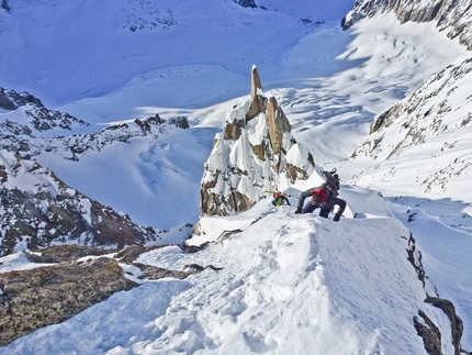 Grande Rocheuse (4102m), Mont Blanc - During the first ski and snowboard descent of the Voie Originale on Grande Rocheuse, Mont Blanc, carried out by Davide Capozzi, Lambert Galli, Julien Herry and Denis Trento.