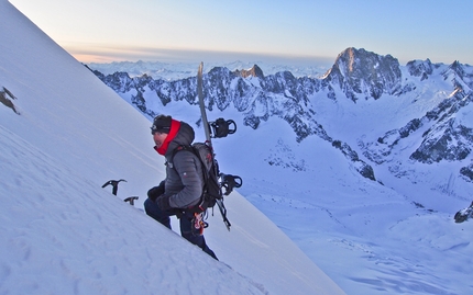 Grande Rocheuse (4102m), Mont Blanc - During the first ski and snowboard descent of the Voie Originale on Grande Rocheuse, Mont Blanc, carried out by Davide Capozzi, Lambert Galli, Julien Herry and Denis Trento.