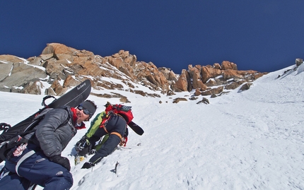 Grande Rocheuse (4102m), Mont Blanc - During the first ski and snowboard descent of the Voie Originale on Grande Rocheuse, Mont Blanc, carried out by Davide Capozzi, Lambert Galli, Julien Herry and Denis Trento.