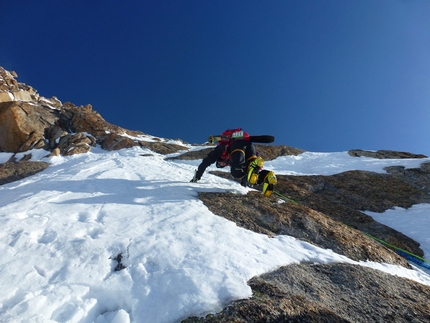 Grande Rocheuse (4102m), Mont Blanc - During the first ski and snowboard descent of the Voie Originale on Grande Rocheuse, Mont Blanc, carried out by Davide Capozzi, Lambert Galli, Julien Herry and Denis Trento.