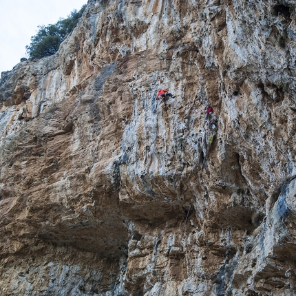 Sport climbing at Leonidio, Greece - During the first ascent of Fuori di Zucca (7c+/8a (7b obbl), 155m, Dimitri Anghileri, Simone Pedeferri, Luca Schiera 03/2016) Garden of Dionysus East Face, Leonidio, Greece