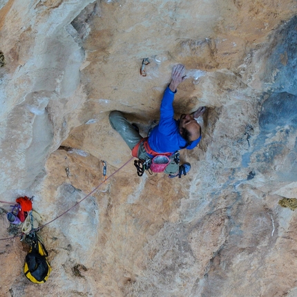 Sport climbing at Leonidio, Greece - During the first ascent of Fuori di Zucca (7c+/8a (7b obbl), 155m, Dimitri Anghileri, Simone Pedeferri, Luca Schiera 03/2016) Garden of Dionysus East Face, Leonidio, Greece