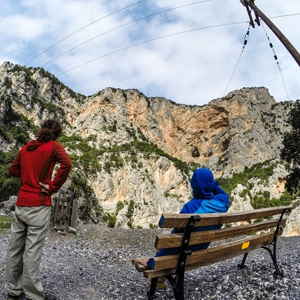 Sport climbing at Leonidio, Greece - During the first ascent of Fuori di Zucca (7c+/8a (7b obbl), 155m, Dimitri Anghileri, Simone Pedeferri, Luca Schiera 03/2016) Garden of Dionysus East Face, Leonidio, Greece