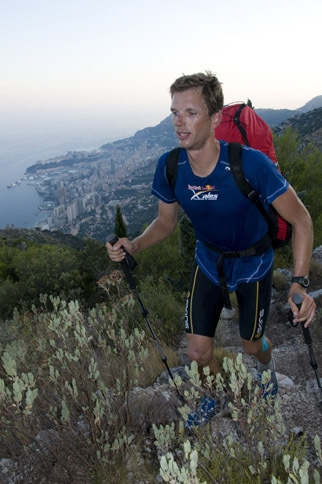 Red Bull X-Alps 2009 - Alex Hofer (SUI1) arrives on Mont Gros yesterday, July 30, to take second place at the Red Bull X-Alps 2009