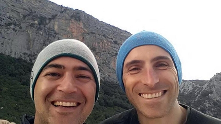 Arrampicata Sardegna, Monte Oddeu, Dorgali - Marco Marceddu e Daniele Turco, autori della nuova via d'arrampicata L'imbrago...bello stretto al Monte Oddeu, Dorgali, Sardegna 