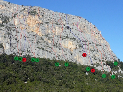 Arrampicata Sardegna, Monte Oddeu, Dorgali - Monte Oddeu, Dorgali: 2.  Codina Di Topo (C. Pibiri, F. Erriu, 2008) 3. Compagni Di Viaggio (F. Cappa, E. Pinotti, P. Romanini, 2000) 4. Bang Boom Bang (M. Schaefer & C., 2013) 5. Medio Verme (G. Cicconi, S. Finocchi, M. Forcatura, M. Tacchi, 1981) 6. Prego Porcini (F. Figueroa, R. Thivel, 1998) 7. Por El Pueblo Oprimido (P. Pezzolato, S. Gojak, 1998) 8. Bo Tep	Mix (C. Zampati, N. Tiraboschi. L Ceron, 1998) 8a. L’imbrago Bello Stretto (M. Marceddu, D. Turco, 2015) 9. Est-Asia (M. Oviglia, S. Sarti, 1999) 10. Vivere Di Sogni (C. Marchi, M. Oviglia, M. Zurru, 1994) 11. Via Dei Finanzieri (E. Beber, A. Partel, 1973) 12. Aurum Tellus (C. Conca, N. Putzu, 2002) 13. Abbas Abbadas (C. Conca, 2000)