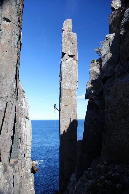 Paul Pritchard, Totem Pole, Tasmania - First Free Ascentionist Steve Monks leading Paul Pritchard up the Totem Pole, Tasmania