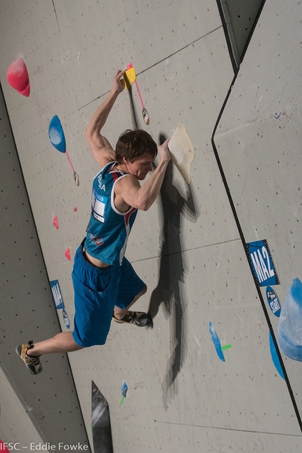 Bouldering World Cup 2016 - Alexey Rubtsov during the first stage of the Bouldering World Cup 2016 at Meiringen, Switzerland on 15-16 April 2016
