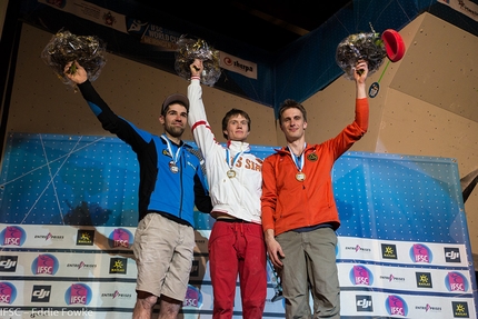 Bouldering World Cup 2016 - Male podium at Meiringen, Switzerland: 2. Martin Stranik 1. Alexey Rubtsov 3. Jorg Verhoeven 