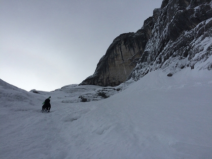 Fabian Buhl, Wetterbockwand - Fabian Buhl approaching the Wetterbockwand, Göll East Face, Berchtesgaden Alps, Austria prior to his winter ascent of  Wetterbock (8c, 10 pitches)