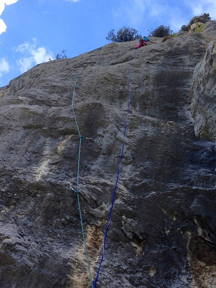 Rock climbing, Dain di Pietramurata, Valle del Sarca, Italy - Making the first ascent of Pace in Siria (7a+, 6c+ oblig, 230m, Marco Bozzetta, Francesco Salvaterra 2016), Dain di Pietramurata, Valle del Sarca, Italy