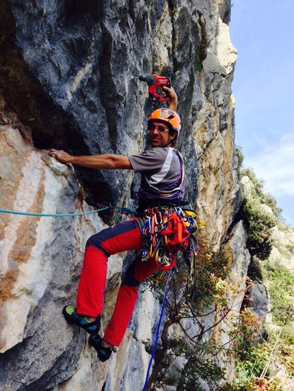 Rock climbing, Dain di Pietramurata, Valle del Sarca, Italy - Making the first ascent of Pace in Siria (7a+, 6c+ oblig, 230m, Marco Bozzetta, Francesco Salvaterra 2016), Dain di Pietramurata, Valle del Sarca, Italy