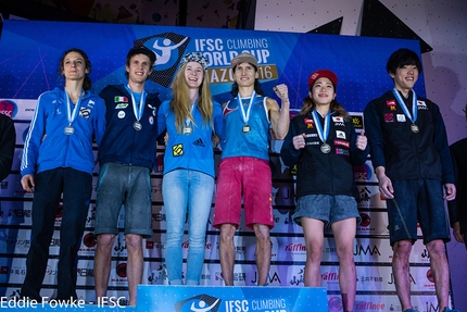 Coppa del Mondo Boulder 2016 - Melissa Le Nevé,  Michael Piccolruaz, Shauna Coxsey, Rustam Gelmanov, Miho Nonaka e Kokoro Fujii, i vincitori della Coppa del Mondo Boulder 2016 a Kazo in Giappone