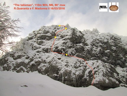 Alpinismo: Monte Croce Matese - The Talisman, Monte Croce Matese (Riccardo Quaranta e Fabio Madonna dal basso il 16/03/2016; 110 m, WI4, M6.)