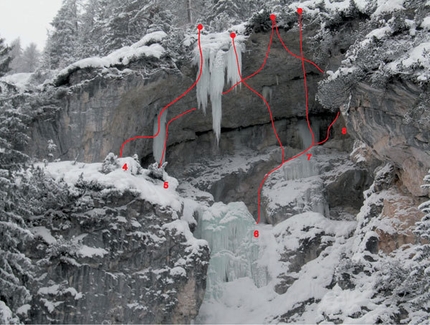 Grotta di Landro (Dobbiaco, Dolomiti) - 4) Stille Erinnerungen  M8+ (allungata M9), 20m; 5) Mix isch Fix  M10+, 20m; 6) Fly in the wind  M10/10+, 15m; 7) Höllenstein  M9, 12m; 8) La via è bella  M11, 20m; 9) Collegando La via è bella (in salita) fino in cima e poi scendendo da Mix isch fix nasce un concatenamento di 35 metri con il nome di “Big Ben” e il grado di M12.