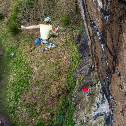 Barbara Zangerl, Dumbarton Rock, Scotland - Barbara Zangerl falling off Achemine, Scotland's first E9 established by Dave MacLeod in 2001 at Dumbarton Rock close to Glasgow in Scotland