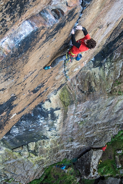 Jacopo Larcher, Rhapsody, Dumbarton Rock, Scotland - Jacopo Larcher climbing Rhapsody (E11 7a) at Dumbarton Rock in Scotland