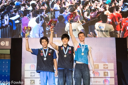 Bouldering World Cup 2016 - Tomoa Narasaki, Kokoro Fujii and Alexey Rubtsov, men's podium of the fourth stage of the Bouldering World Cup 2016 at Navi Mumbai in India