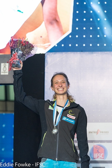 Bouldering World Cup 2016 - Monika Retschy all smiles after taking silver at the Bouldering World Cup 2016 at Navi Mumbai in India