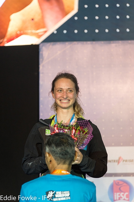 Bouldering World Cup 2016 - Monika Retschy all smiles after taking silver at the Bouldering World Cup 2016 at Navi Mumbai in India