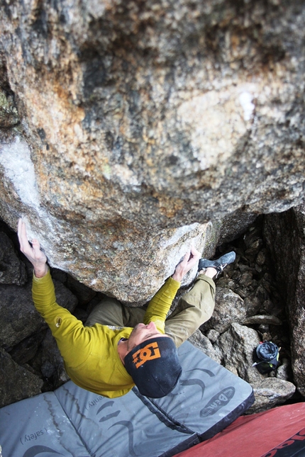 Silvretta bouldering, Austria - Alessandro Penna examining X-Ray 8A, Silvretta