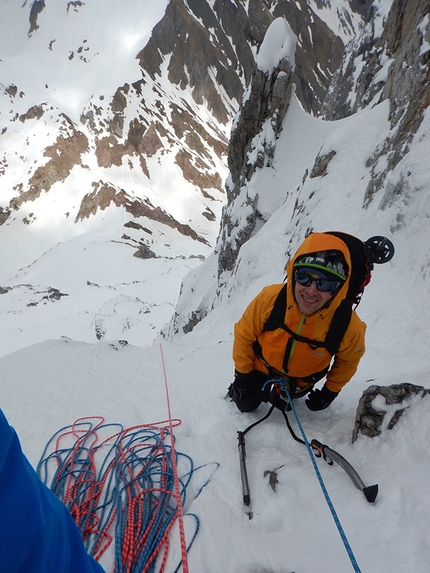 Monte Cogliàns, Carnic Alps, Mirco Grasso, Claudio Betetto, Luca Iacolettig - The first of the final three pitches, during the first ascent of 'Altro che in Scozia' (Claudio Betetto, Mirco Grasso, Luca Iacolettig 15/05/2016) Monte Cogliàns north face, Carnic Alps