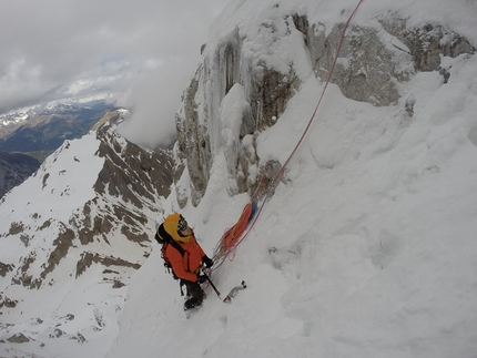 Monte Cogliàns, Carnic Alps, Mirco Grasso, Claudio Betetto, Luca Iacolettig - The first of the final three pitches, during the first ascent of 'Altro che in Scozia' (Claudio Betetto, Mirco Grasso, Luca Iacolettig 15/05/2016) Monte Cogliàns north face, Carnic Alps