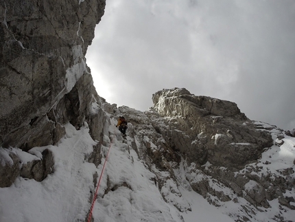 Monte Cogliàns, Carnic Alps, Mirco Grasso, Claudio Betetto, Luca Iacolettig - The first of the final three pitches, during the first ascent of 'Altro che in Scozia' (Claudio Betetto, Mirco Grasso, Luca Iacolettig 15/05/2016) Monte Cogliàns north face, Carnic Alps